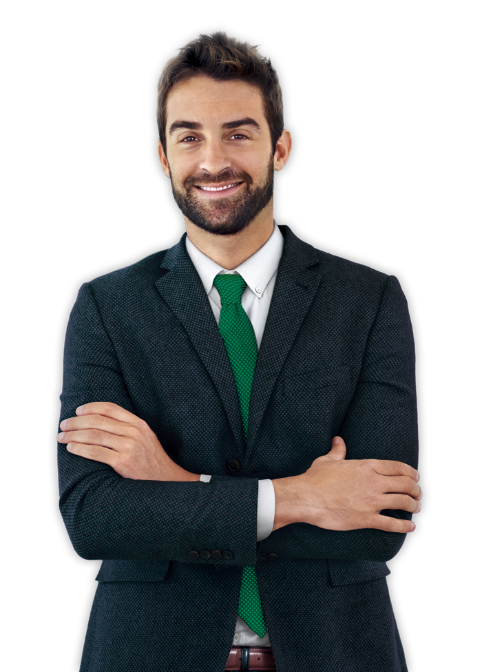 Picture of a man in a suit smiling with his arms crossed