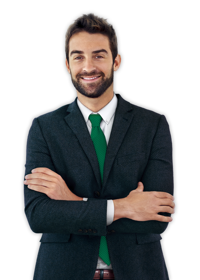 Picture of a man in a suit smiling with his arms crossed