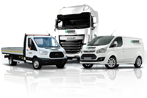 Picture of tipper van, transit van and HGV on a white background