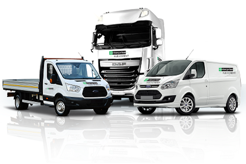 Picture of tipper van, HGV and transit van with Enterprise Flex-E-Rent branding